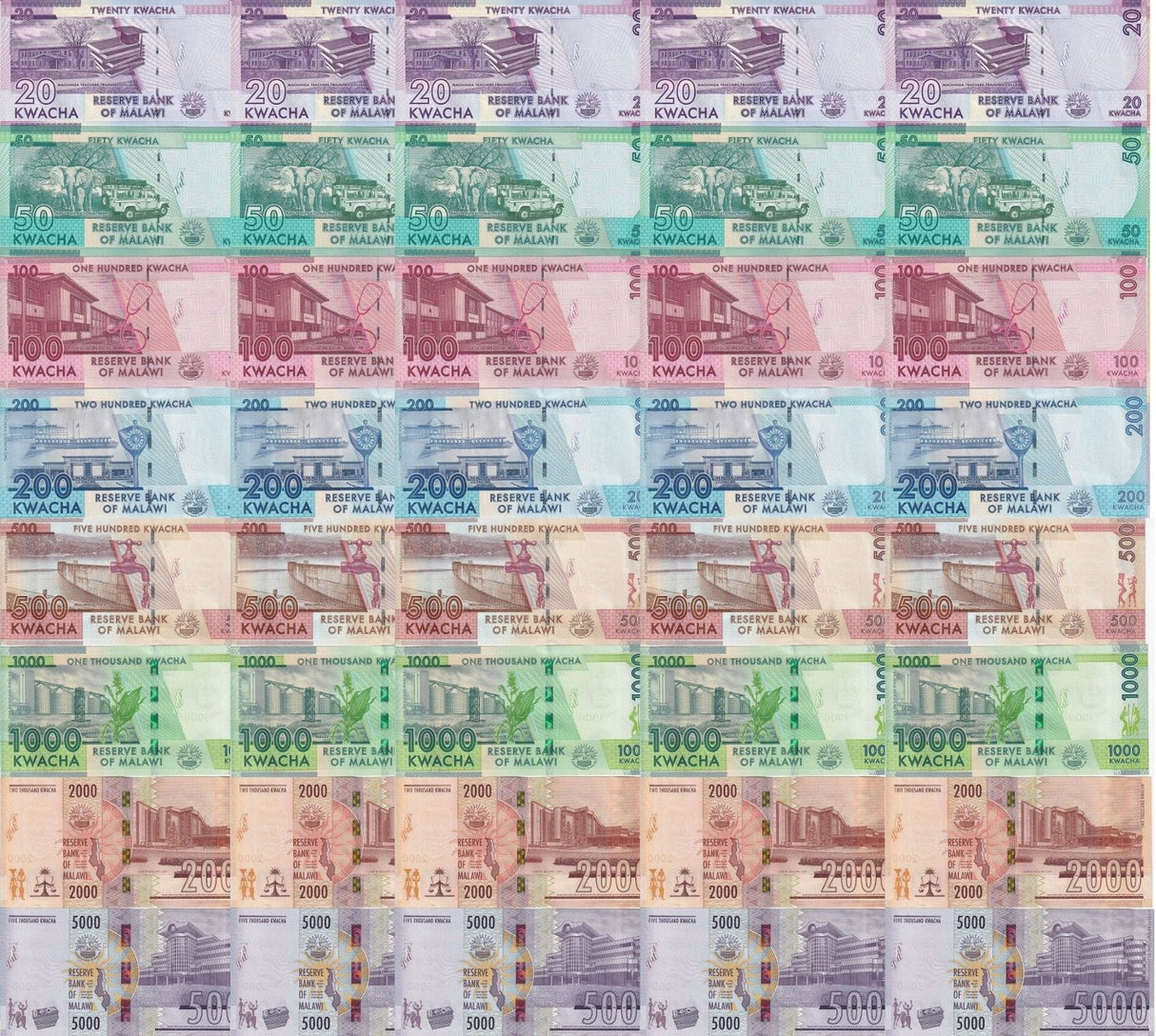 Malawi Set 8 x 5 = 40 UNC 20 50 100 200 500 1000 2000 (BROWN) 5000 P 63-70 71
