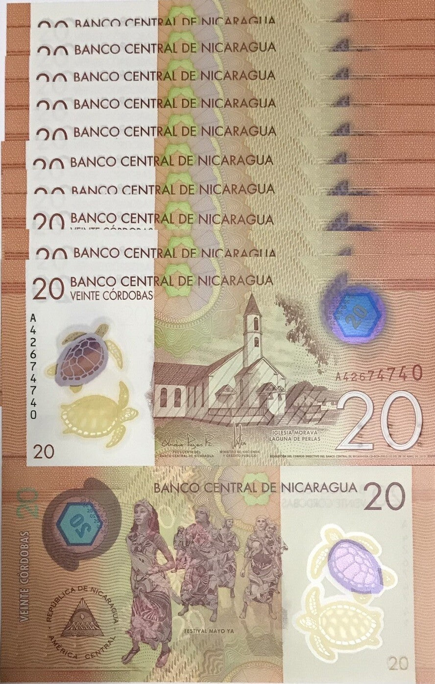 Nicaragua 20 Cordobas 2019 P 210 Polymer UNC LOT 10 PCS