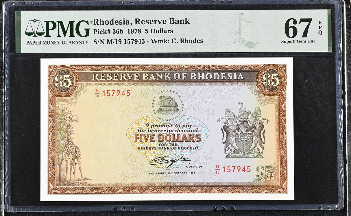 Rhodesia 5 Dollars 1978 P 36 b Superb Gem UNC PMG 67 EPQ
