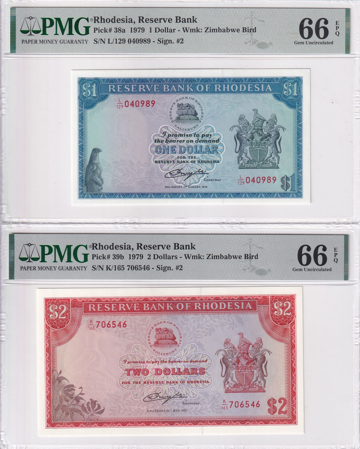 Rhodesia Set 2; 1 2 Dollars 1979 P 37 P 38 Gem UNC PMG 66 EPQ