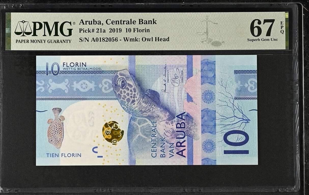Aruba 10 Florins 2019 P 21 a Turtle Superb GEM UNC PMG 67 EPQ