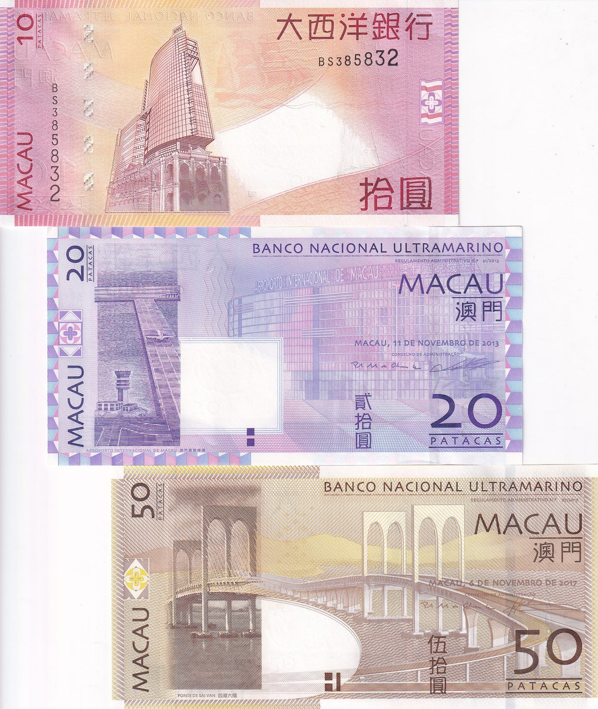 Macau Set 3 PCS 10 20 50 Patacas Random Year P 80 P 81 P 81Ac UNC