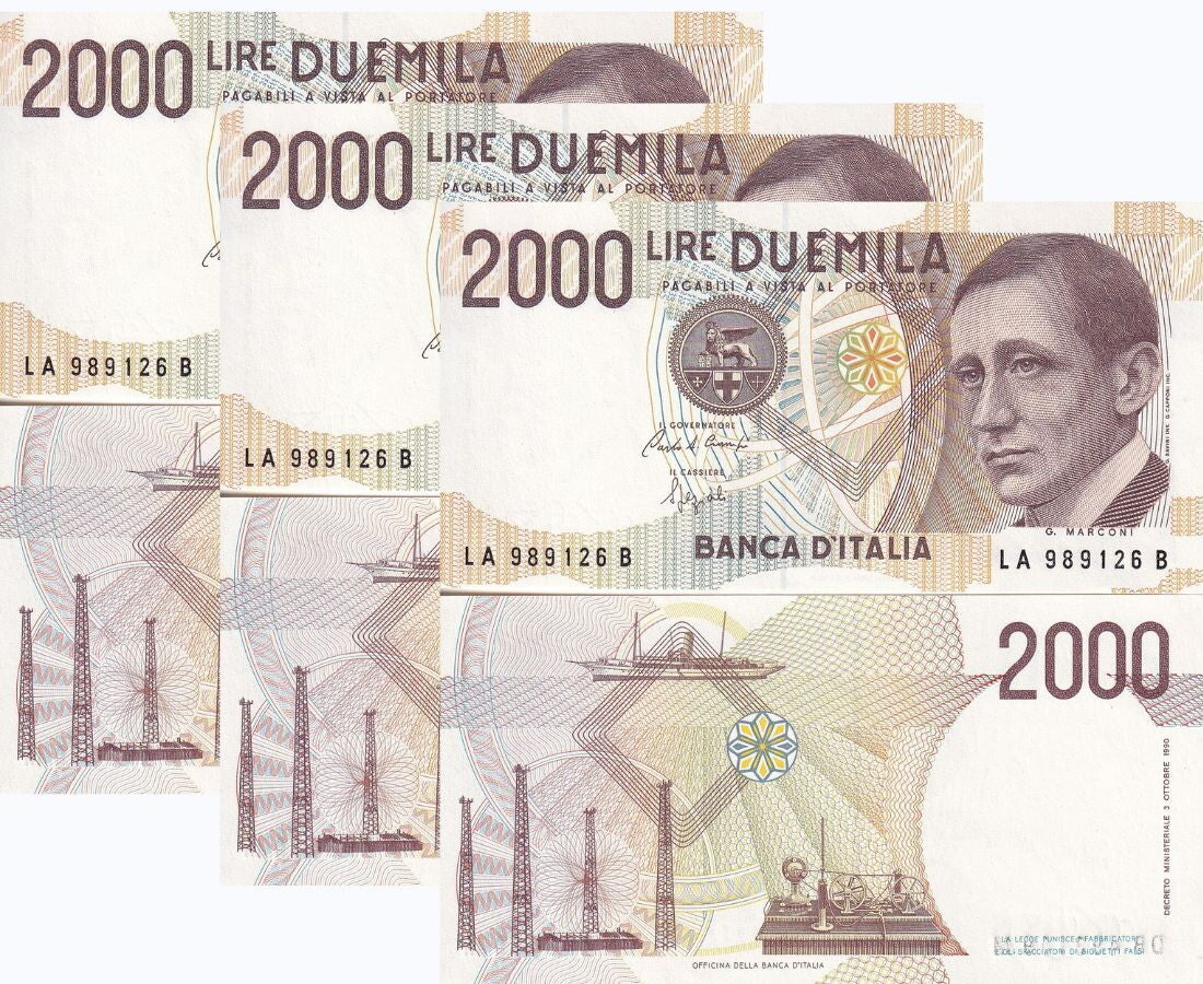 Italy 2000 Lire 1990 P 115 UNC LOT 3 PCS