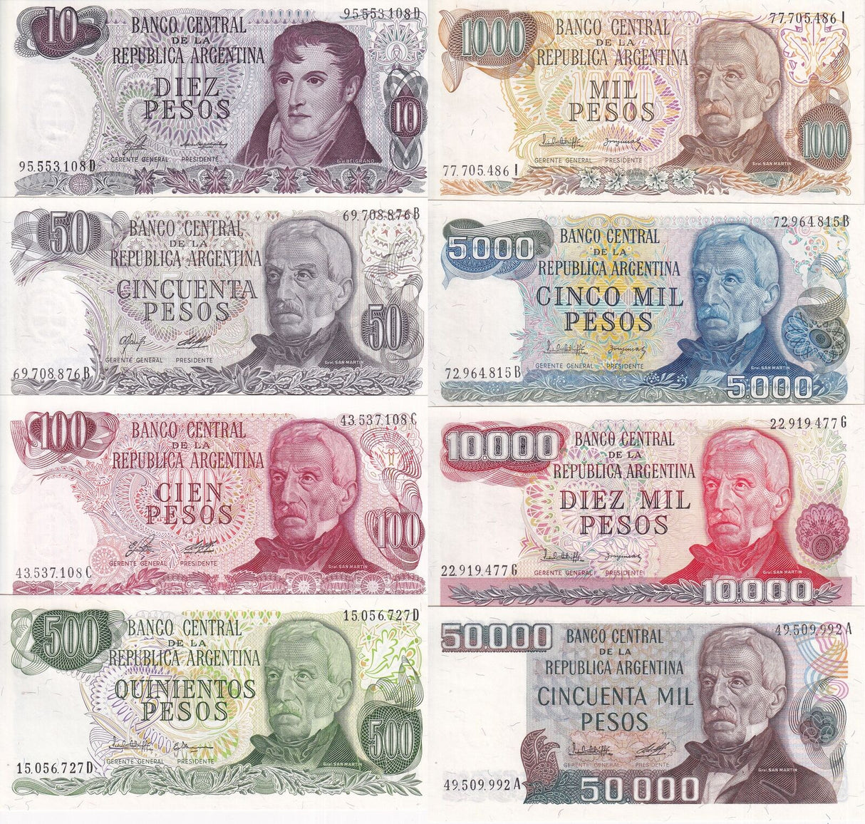 Argentina Set 8 UNC 10 50 100 - 1000 50000 Pesos ND 1976-83 P 300 301 - P 307