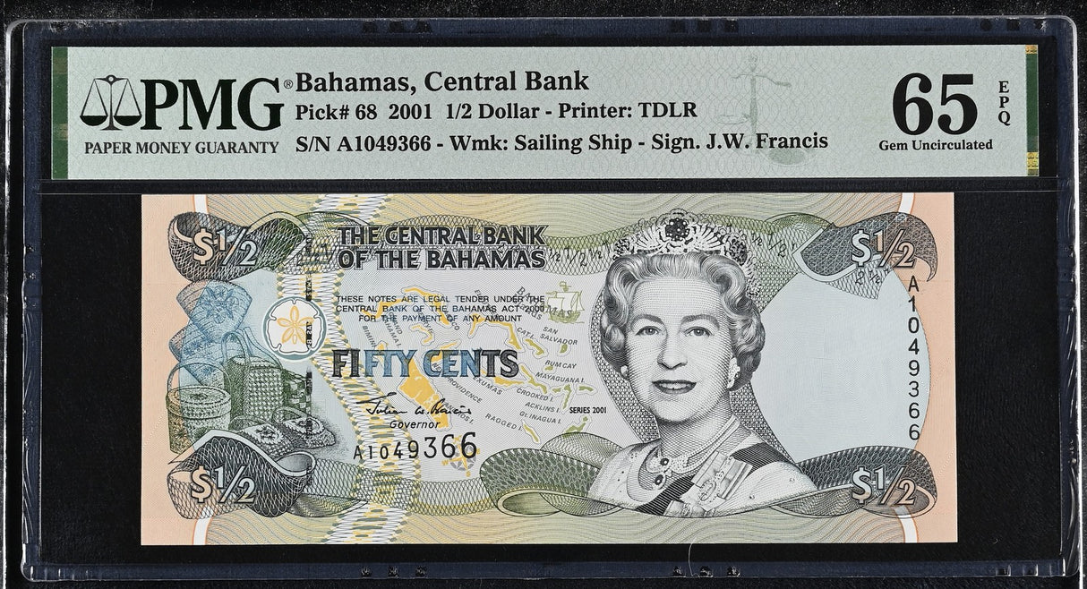 Bahamas 1/2 Dollars 2001 P 68 Gem UNC PMG 65 EPQ