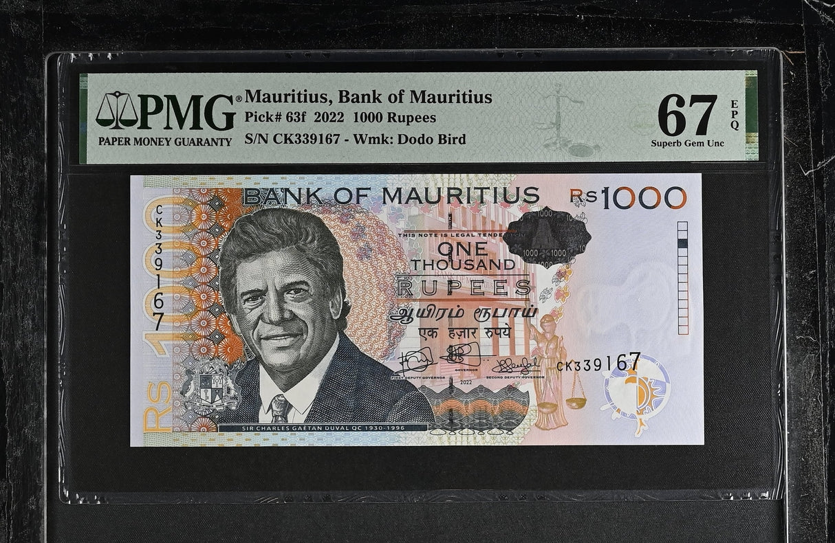 Mauritius 1000 Rupees 2022 P 63 f Superb Gem UNC PMG 67 EPQ TOP POP