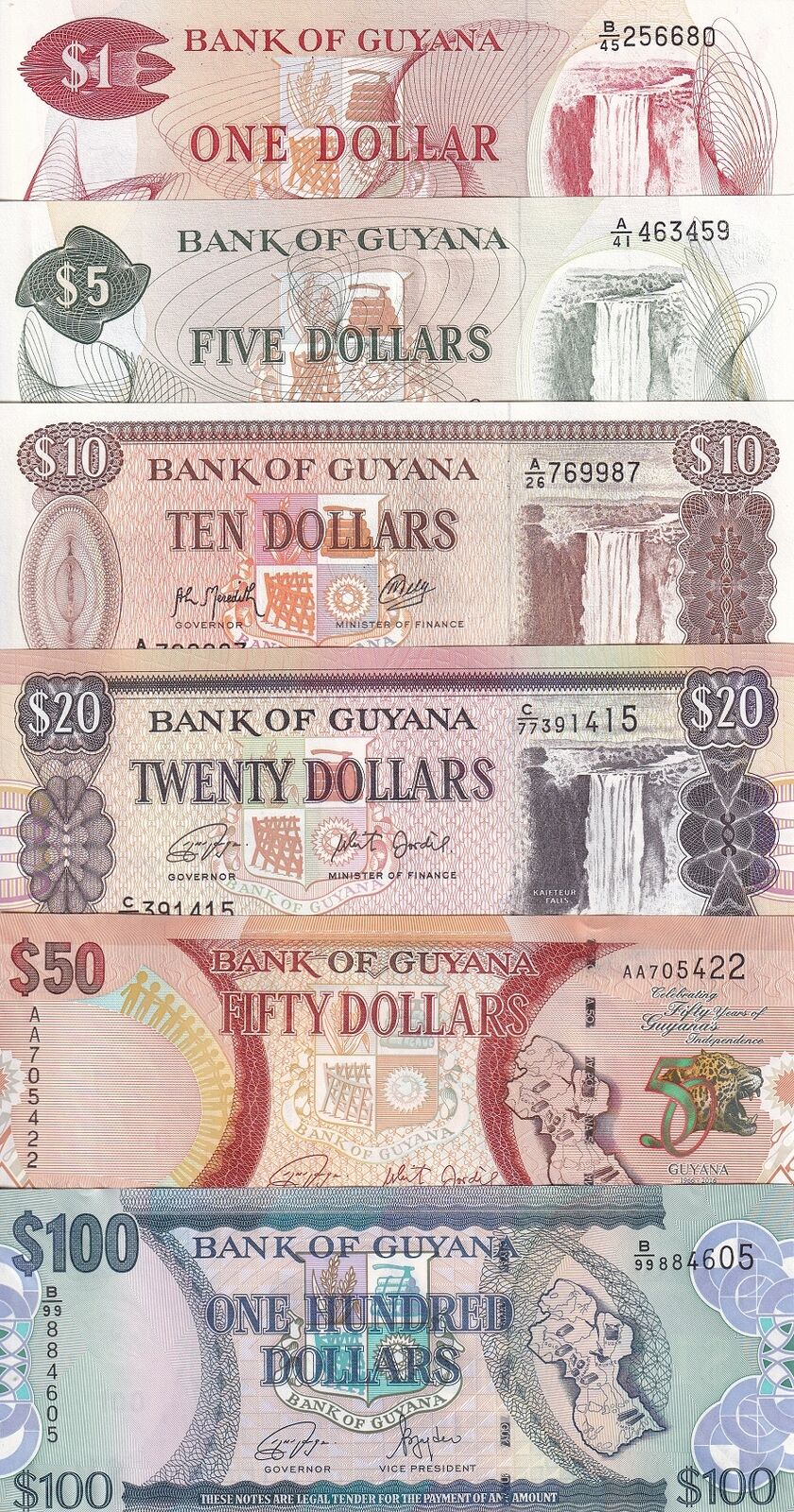 Guyana Set 6 UNC 1 5 10 20 50 100 Dollars 1989-2022 P 21g 22f 23f 30 36 41