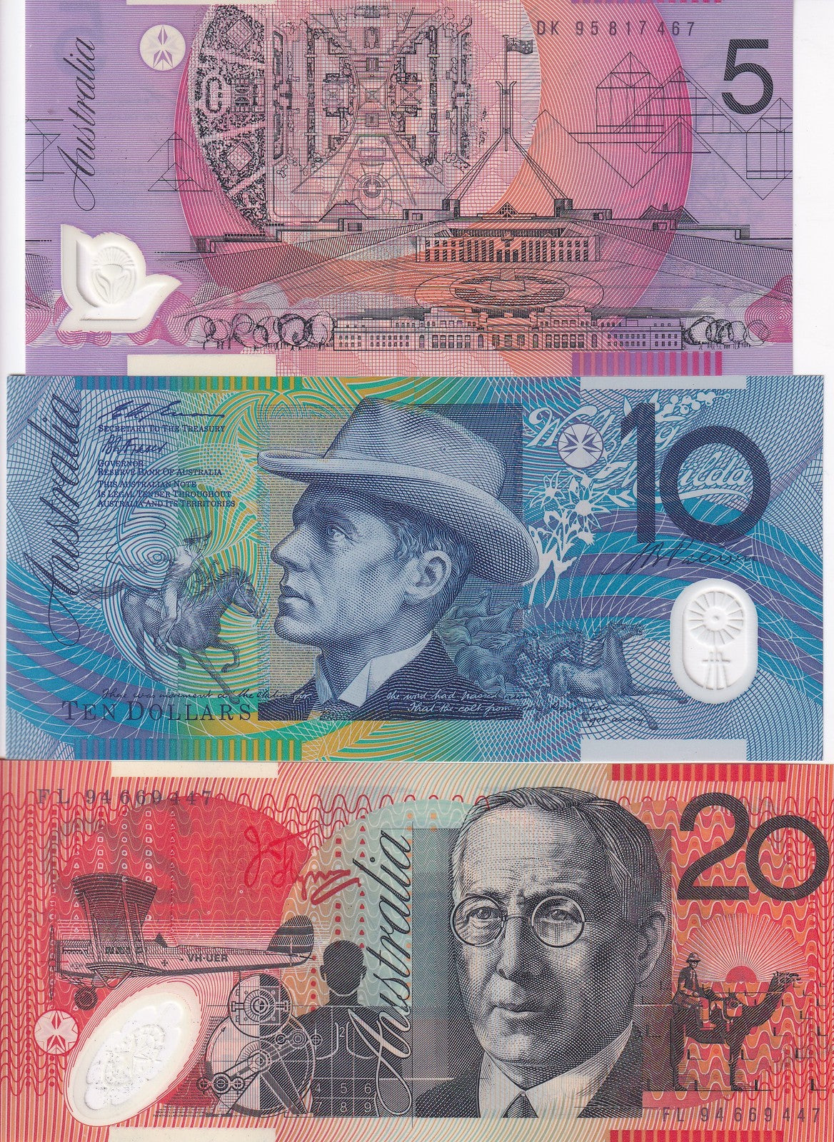 Australia Set 3 UNC 5 10 20 Dollars 1993 1994 1995 P 51 a 52 a P 53 Polymer