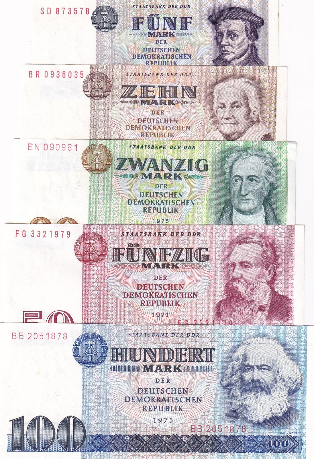 Germany DDR SET 5;5 10 20 50 100 MARK 1971-1975 P 27 28 29 30 31 UNC