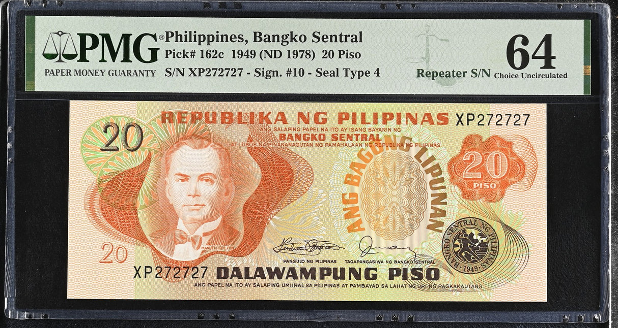 Philippines 20 Piso 1949 ND 1978 P 162 c REPEATER Choice UNC PMG 64