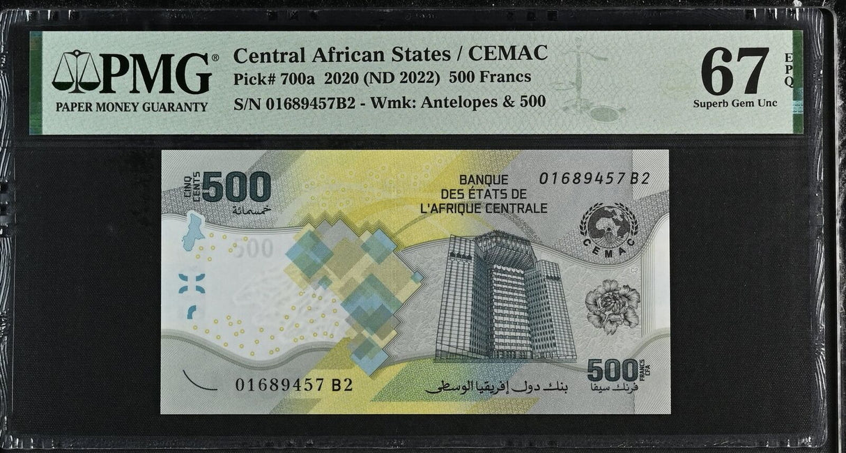 Central African Set 5; 500-10000 francs 2022 P 700-704 Superb Gem UNC PMG 67 EPQ