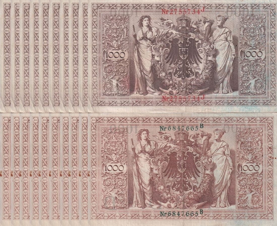 Germany SET 2x LOT 5= 10 PCS 1000 Mark 1910 Green+Red Seal P 44 45 Fine Circulat