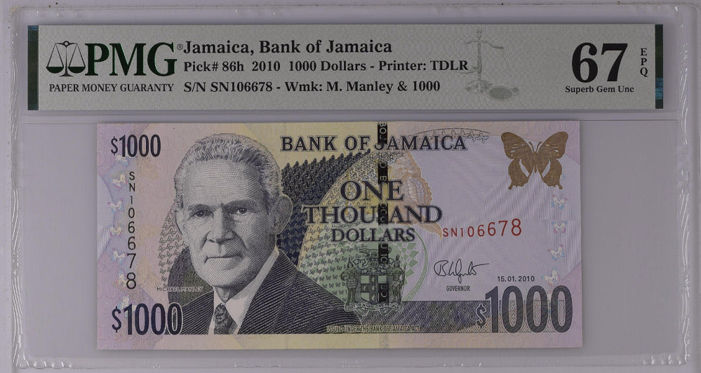 Jamaica 1000 Dollars 2010 P 86 h Superb Gem UNC PMG 67 EPQ Top Pop