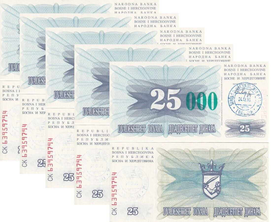 Bosnia 25000 Dinara 1993 P 54 c UNC LOT 5 PCS