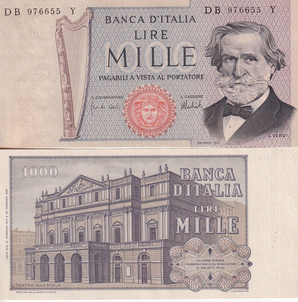 Italy 1000 Lire 1973 P 101 c UNC