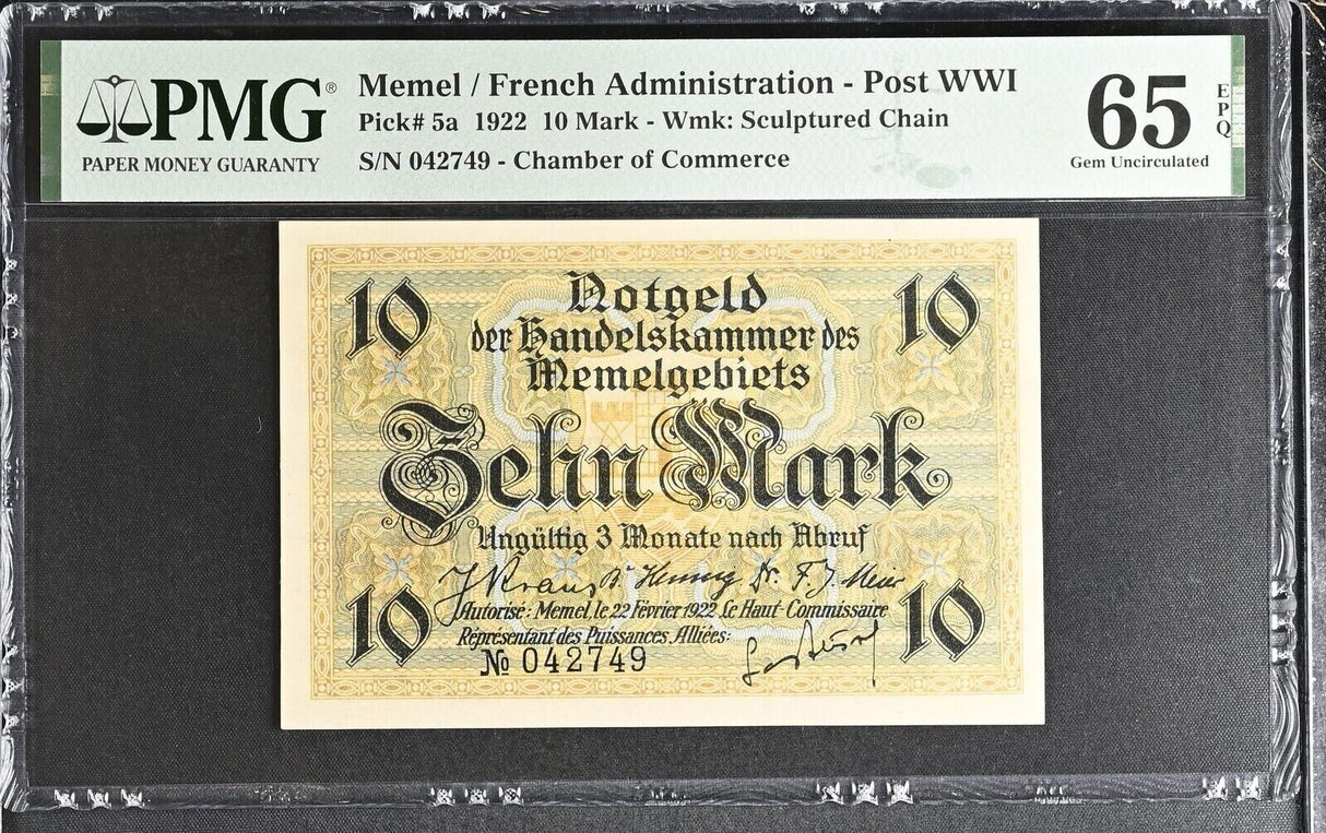 Germany Memel 10 Mark 1922 P 5 a Gem UNC PMG 65 EPQ