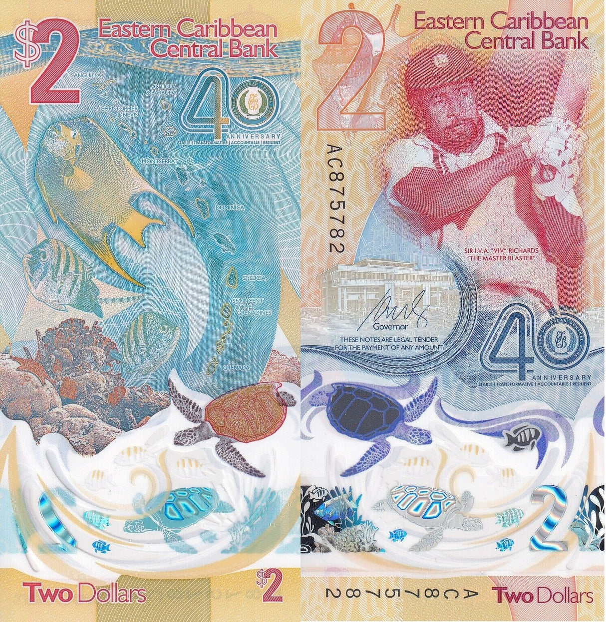 East Caribbean 2 Dollars 2023 2024 40th P 61 Polymer Commemorative AUnc