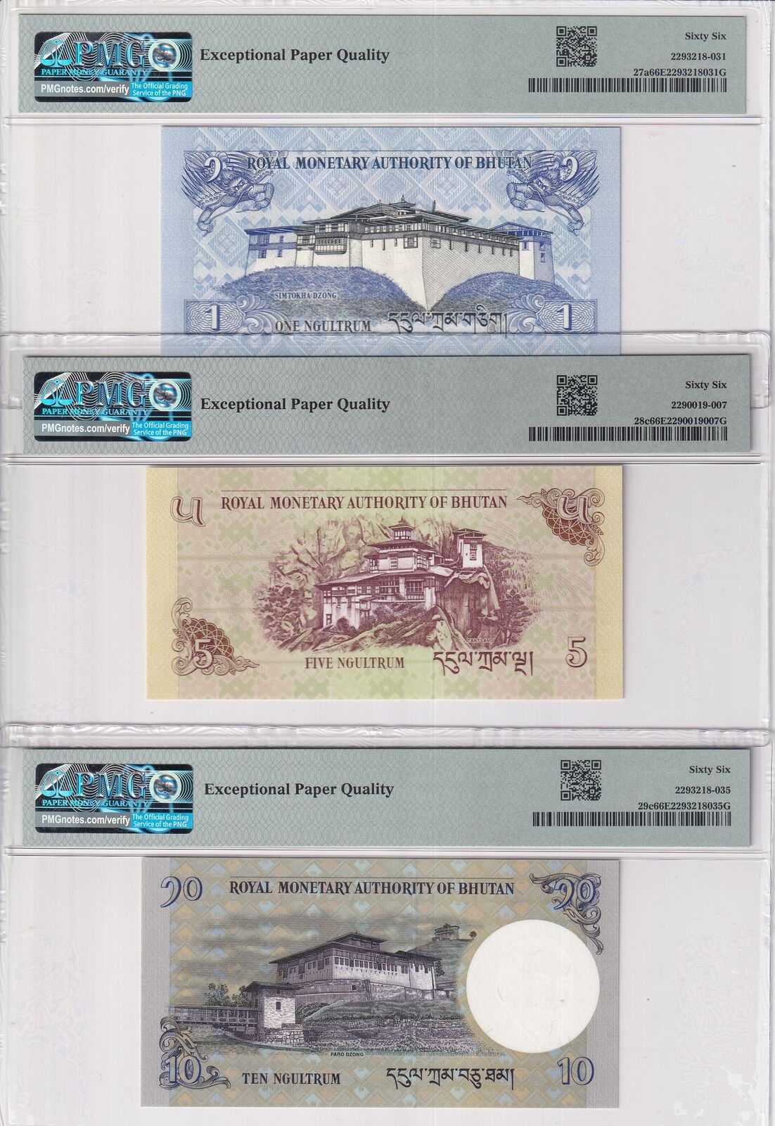 Bhutan Set 3; 1 5 10 Ngultrum 2006 2015 2019 P 27 28 29 Gem UNC PMG 66 EPQ