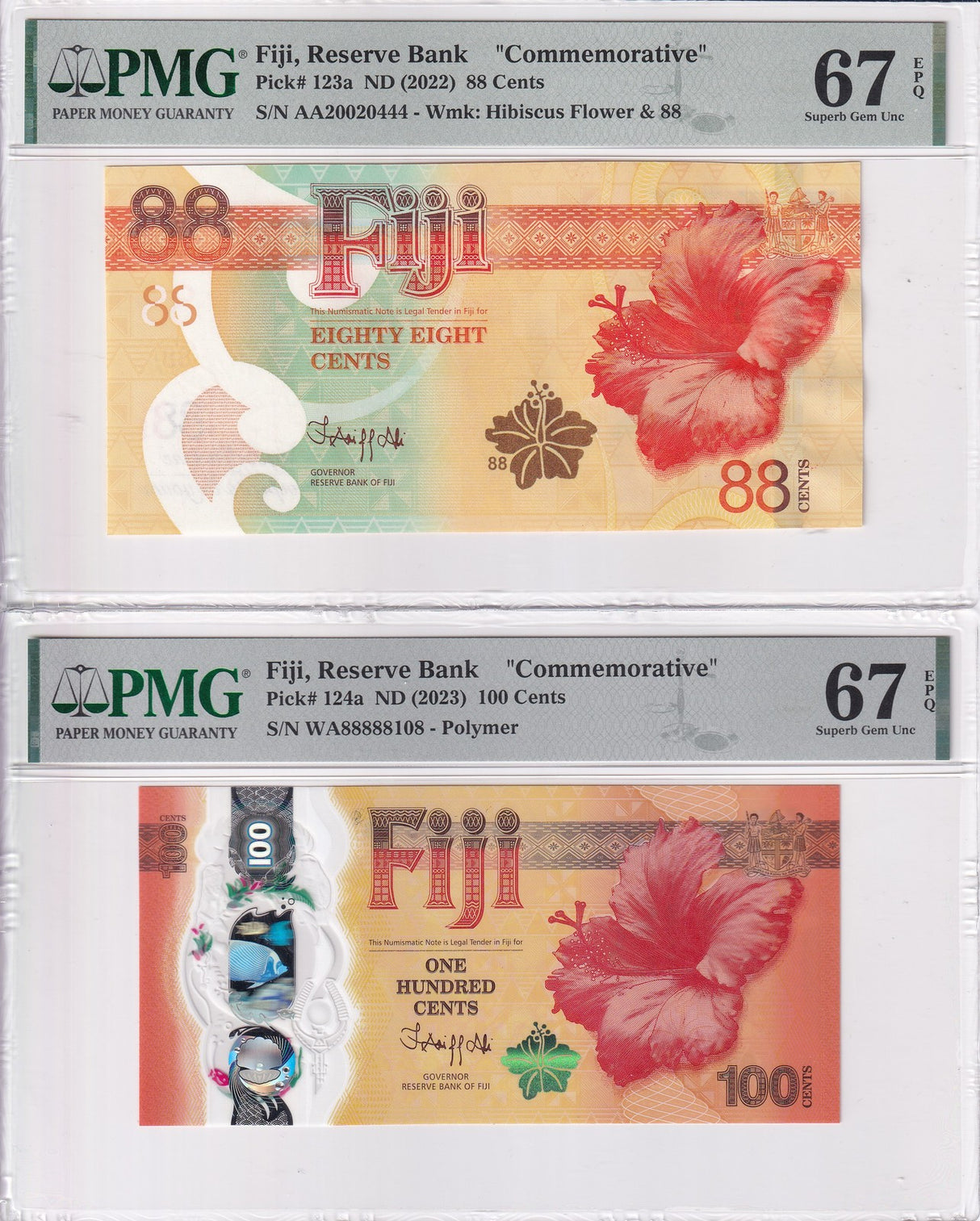 Fiji Set 2; 88 100 Cents 2022 2023 Comm. P 123 P 124 Superb Gem UNC PMG 67 EPQ