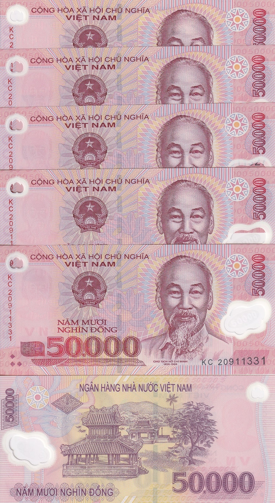 Vietnam 50000 Dong Mixed Year Polymer P 121 UNC LOT 5 PCS