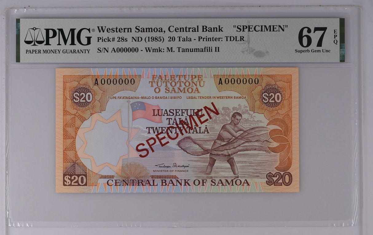 Samoa 20 Tala ND 1985 P 28 s SPECIMEN Superb Gem UNC PMG 67 EPQ