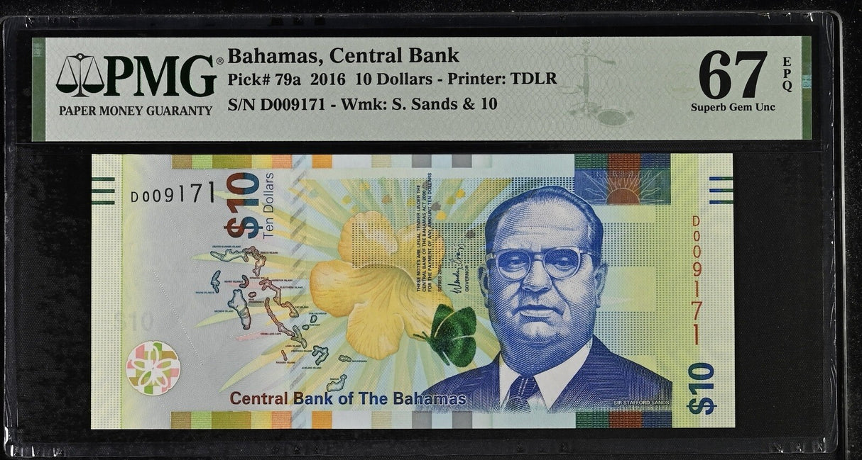 Bahamas 10 Dollars 2016 P 79 a Superb Gem UNC PMG 67 EPQ