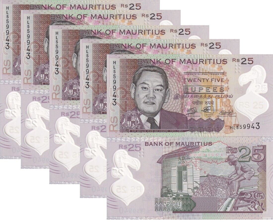 Mauritius 25 Rupees 2021 P 64 NEW Sign Polymer UNC LOT 5 PCS