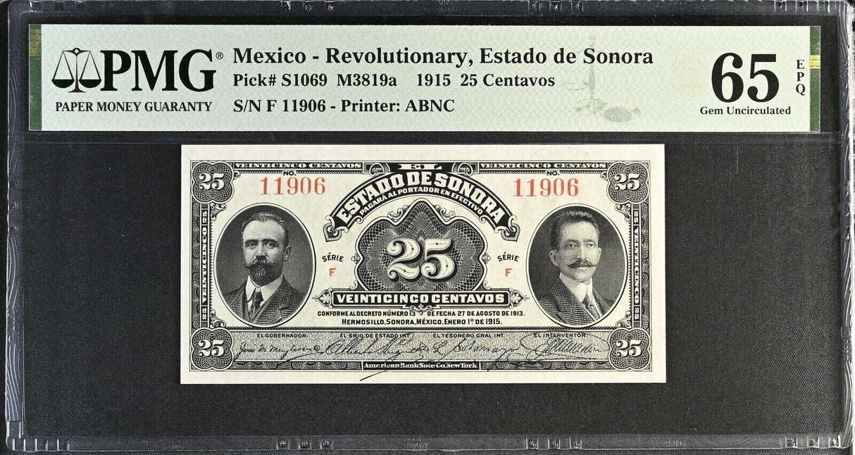 Mexico Revolutionary Sonora 25 Centavos 1915 P S1069 Gem UNC PMG 65 EPQ