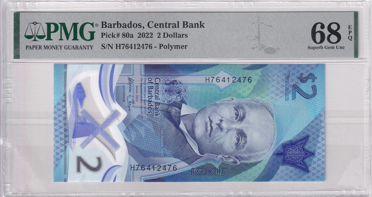 Barbados 2 Dollars 2022 POLYMER P 80 a Superb Gem UNC PMG 68 EPQ
