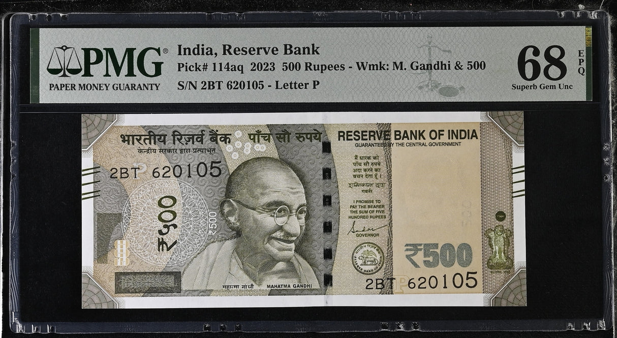 India 500 Rupees 2023 P 114 aq Letter P Superb Gem UNC PMG 68 EPQ TOP POP