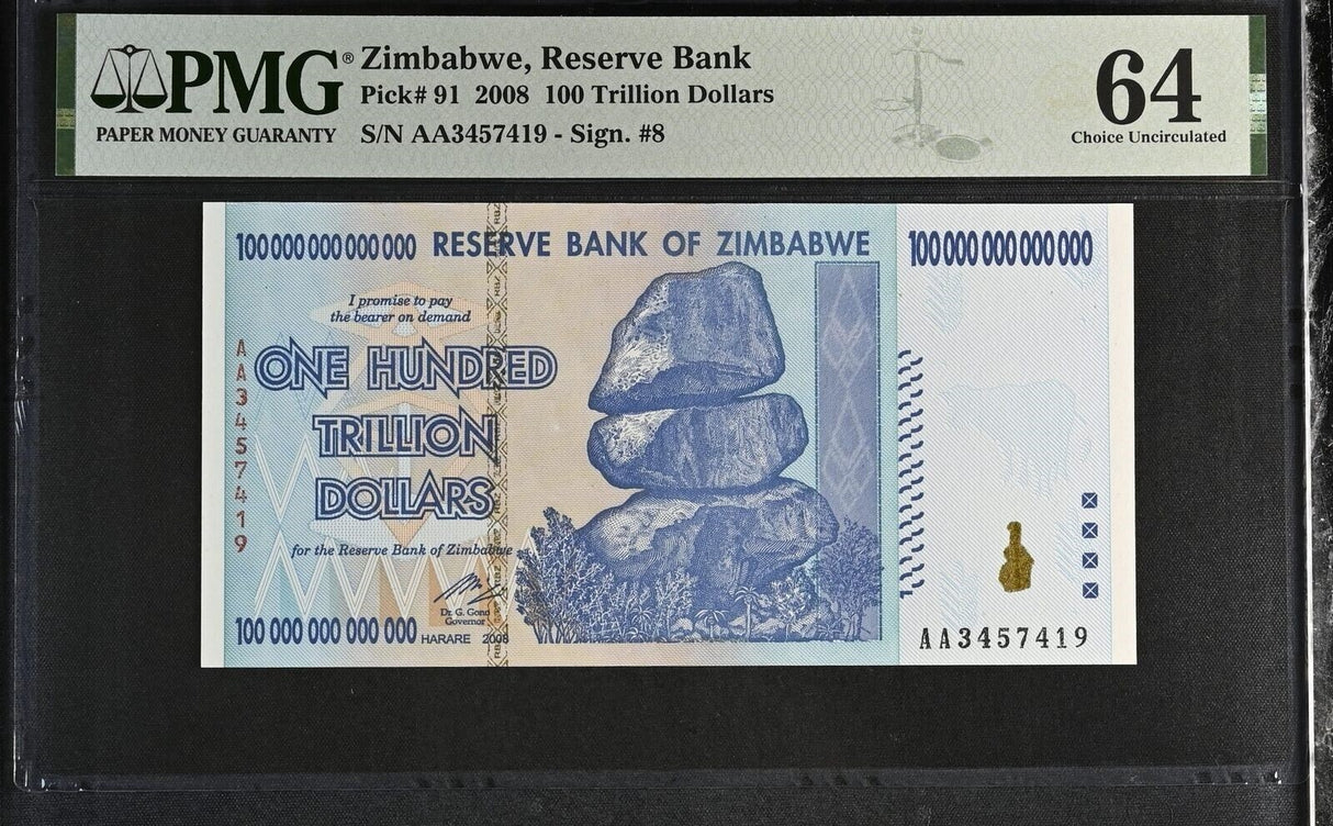 Zimbabwe 100 Trillion Dollars 2008 P 91 Choice UNC PMG 64 Chiremba Balance Rock