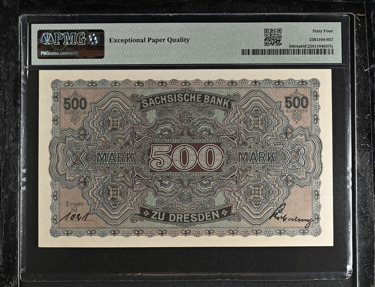 Germany 500 Mark 1922 P S954 a Sachsen Choice UNC PMG 64 EPQ