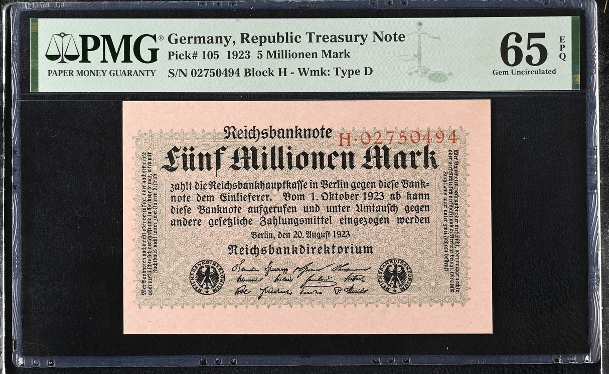 Germany 5 Millionen Mark 1923 P 105 Gem UNC PMG 65 EPQ