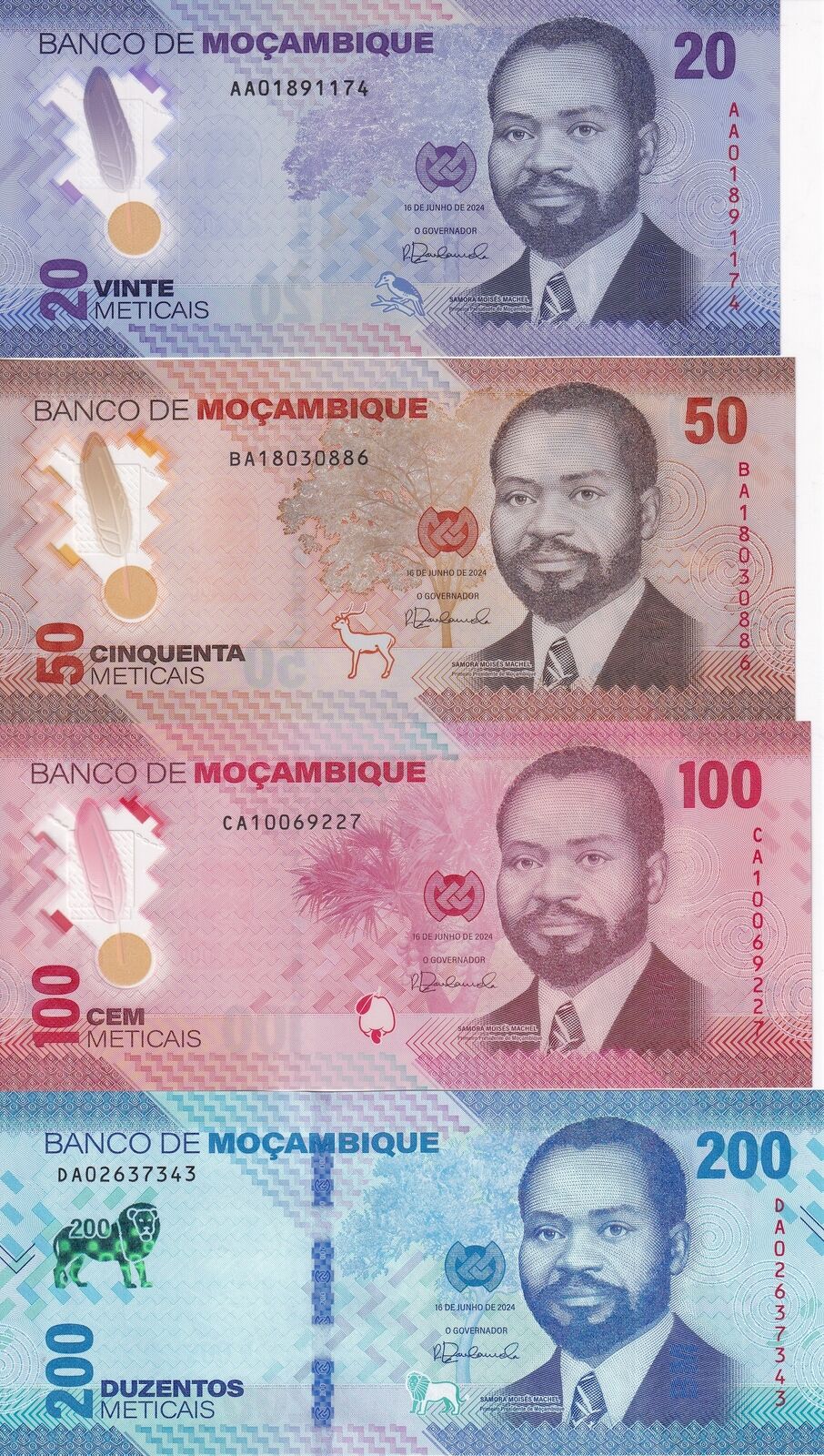 Mozambique set 4 UNC (20 50 100 Polymer) 200 Meticais 2024 P 155 - 158