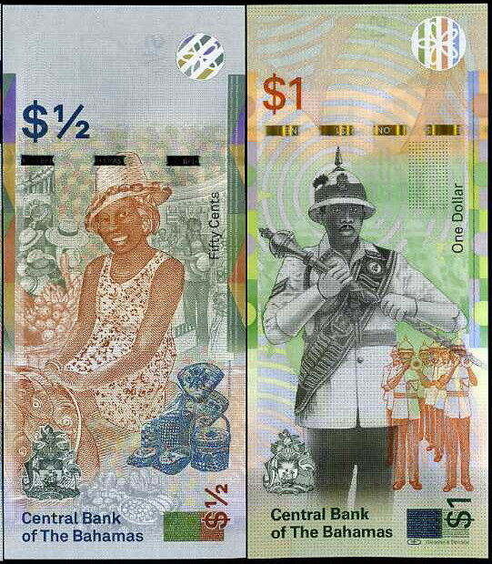 Bahamas Set 2 Pcs 1/2 1 Dollar 2017 2019 P 76Aa P 77 UNC