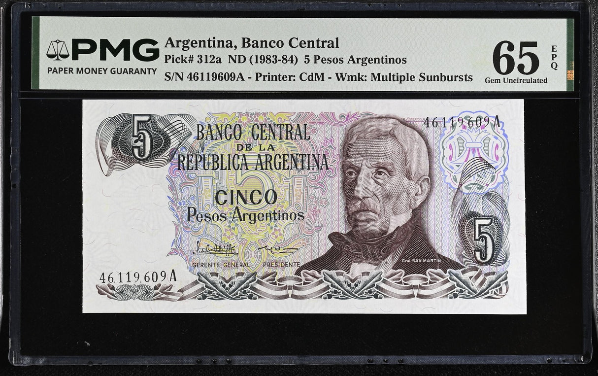 Argentina 5 Pesos ND 1983-1984 P 312 a Gem UNC PMG 65 EPQ