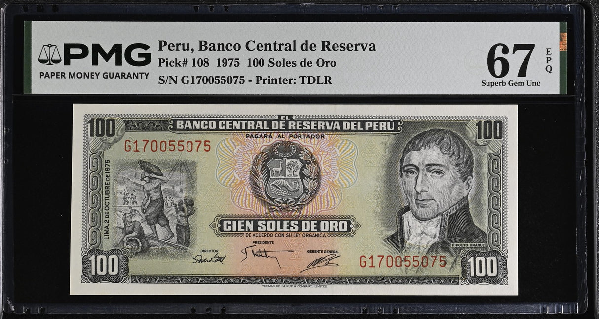Peru 100 Soles De Oro 1975 P 108 Superb Gem UNC PMG 67 EPQ TOP POP , TDLR