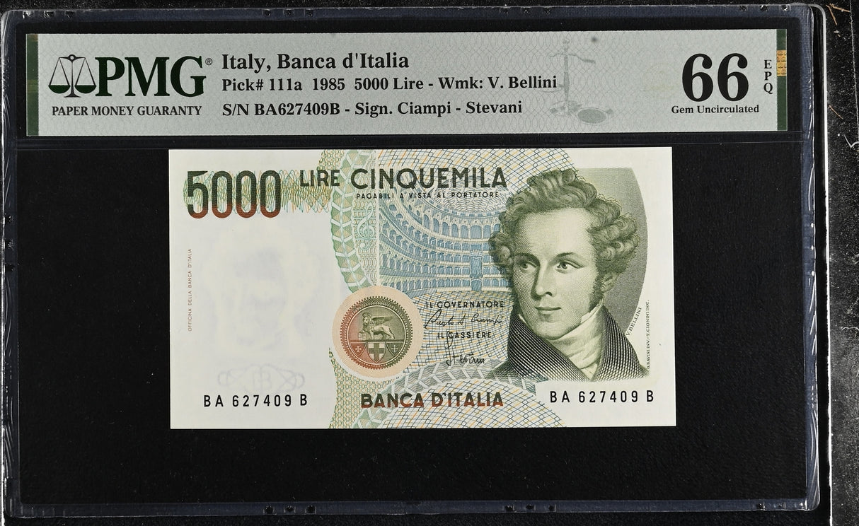 Italy 5000 Lire 1985 P 111 a Gem UNC PMG 66 EPQ