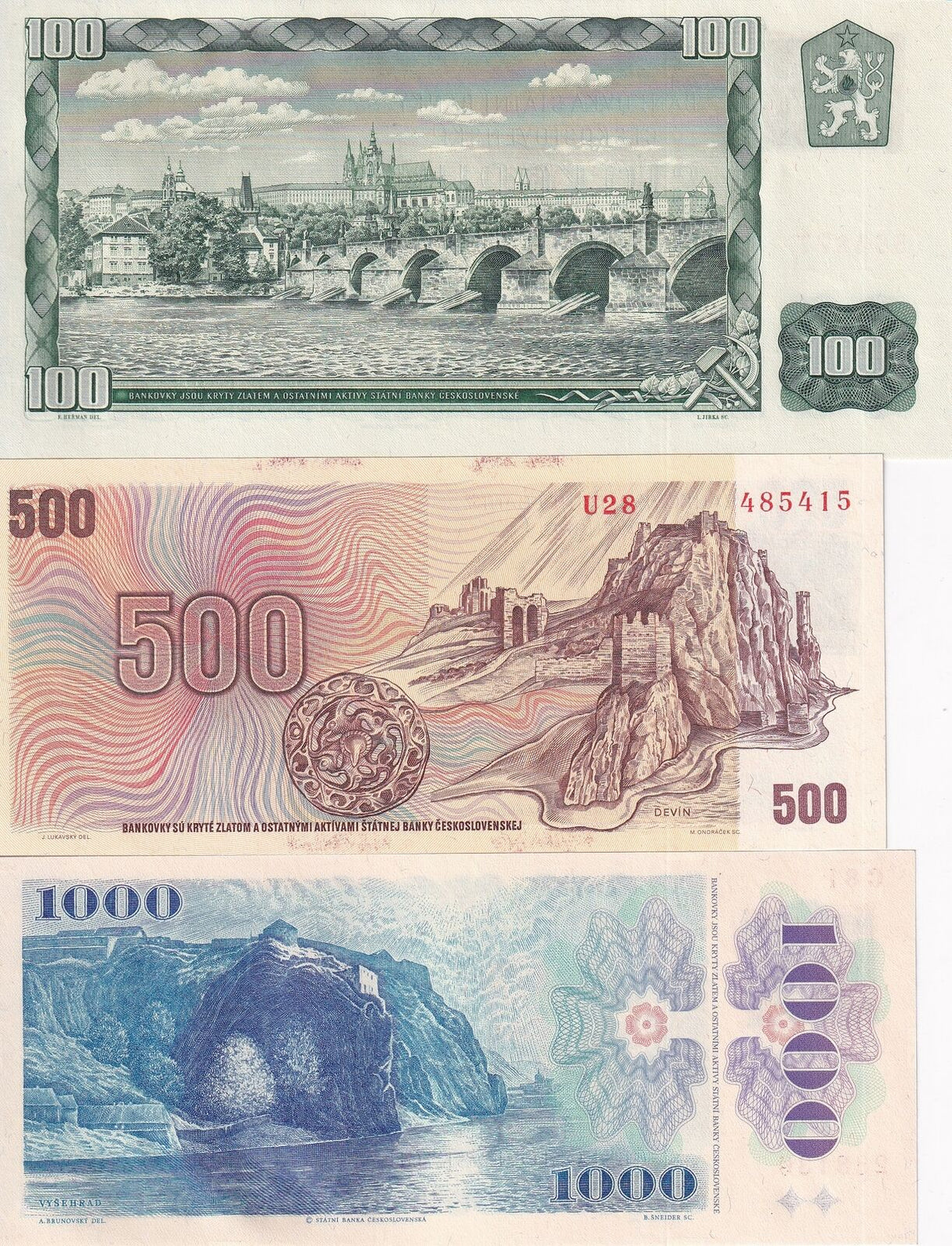 Czech Set 3 UNC 100 500 1000 Korun 1961-1985 (1993) P 1 P 2 P 3 Stamp