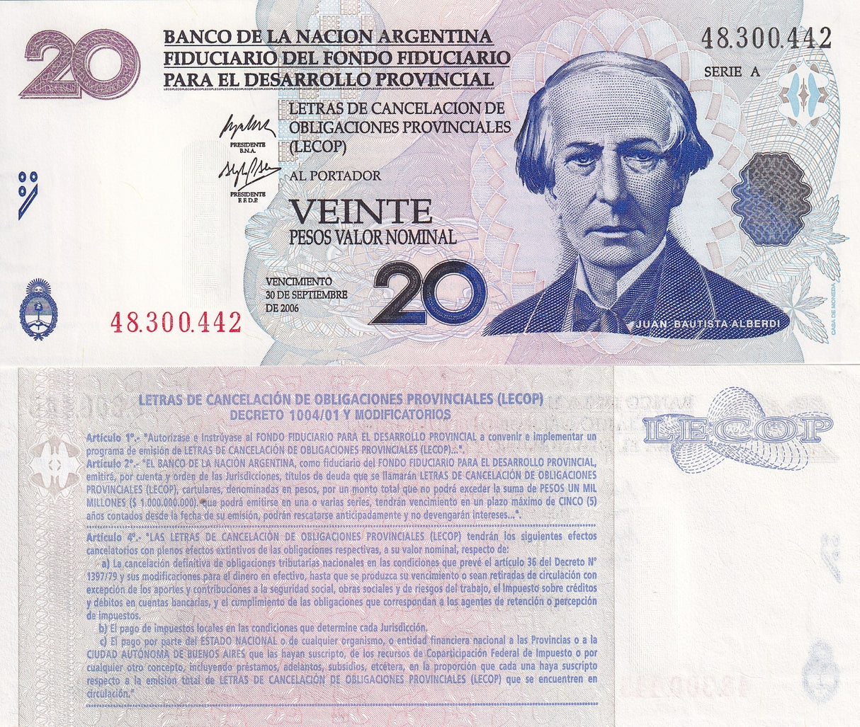 Argentina 20 Pesos 2006 Emergency Note LECOP UNC