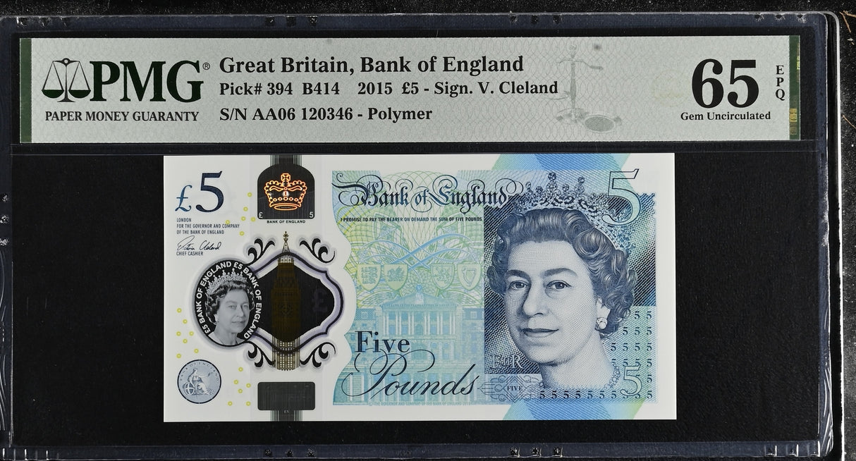 Great Britain 5 Pounds 2015 P 394 AA Prefix Polymer Gem UNC PMG 65 EPQ
