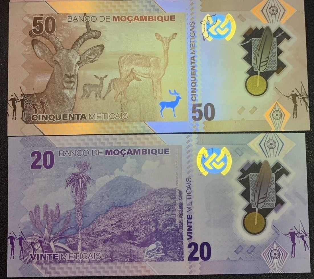 Mozambique set 2 UNC 20 50 Meticais 2024 Polymer P 155 156 LOT 10 Sets = 20 Pcs