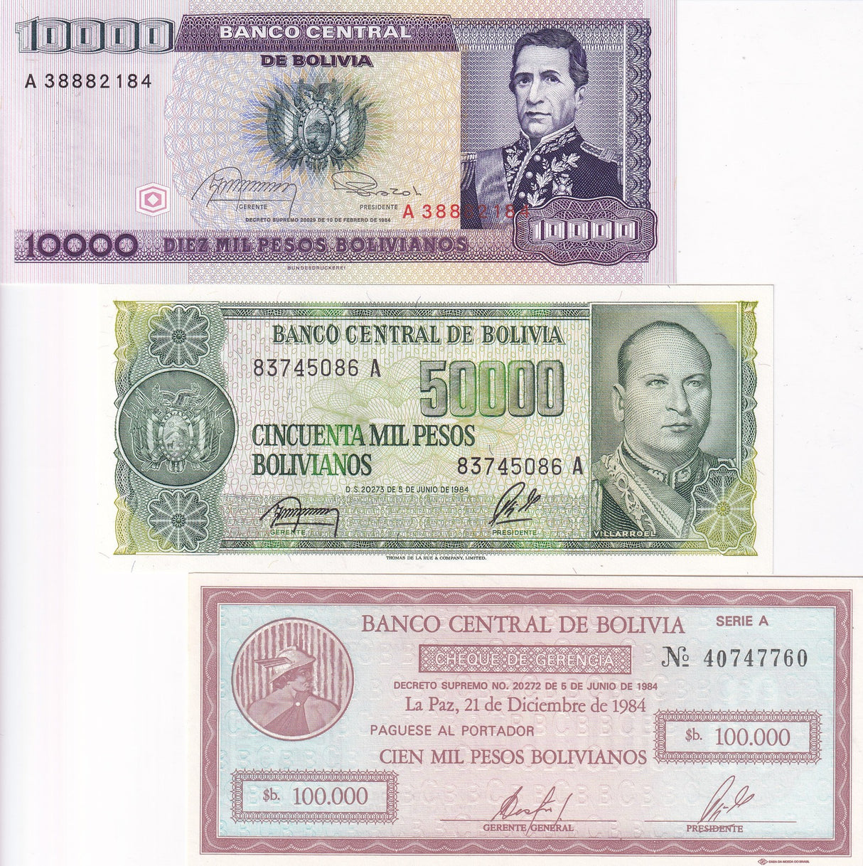 Bolivia Set 3 UNC 1 5 10 Centavos 1984 1987 P 195 196 197