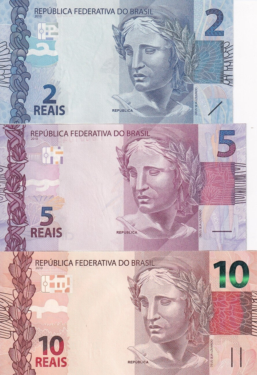Brazil SET 3 UNC 2 5 10 Reais 2010-2020 P 252 P 253 P 254 Random Sign NR