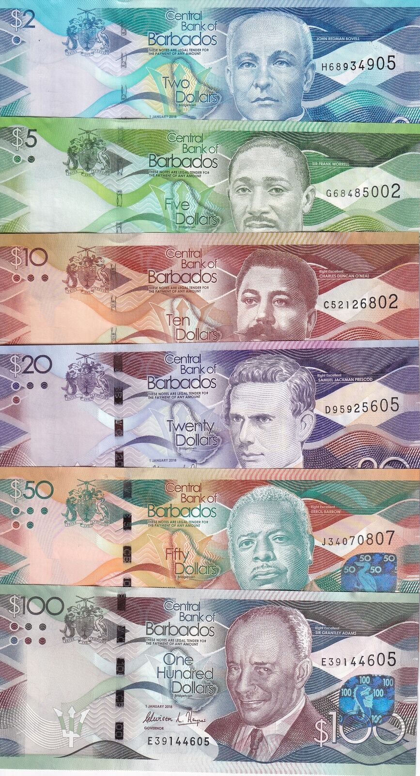 Barbados SET 6 UNC 2 5 10 20 50 100 Dollars 2018 P 73 74 75 76 77 78