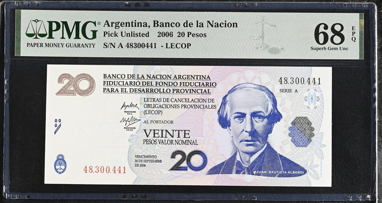 Argentina 20 Pesos 2006 Emergency Note LECOP Superb Gem UNC PMG 68 EPQ