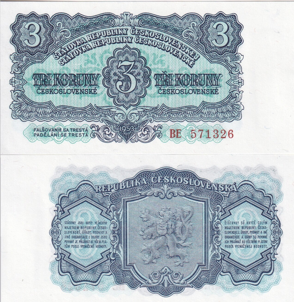 Czechoslovakia 3 Koruny 1953 P 79 a UNC