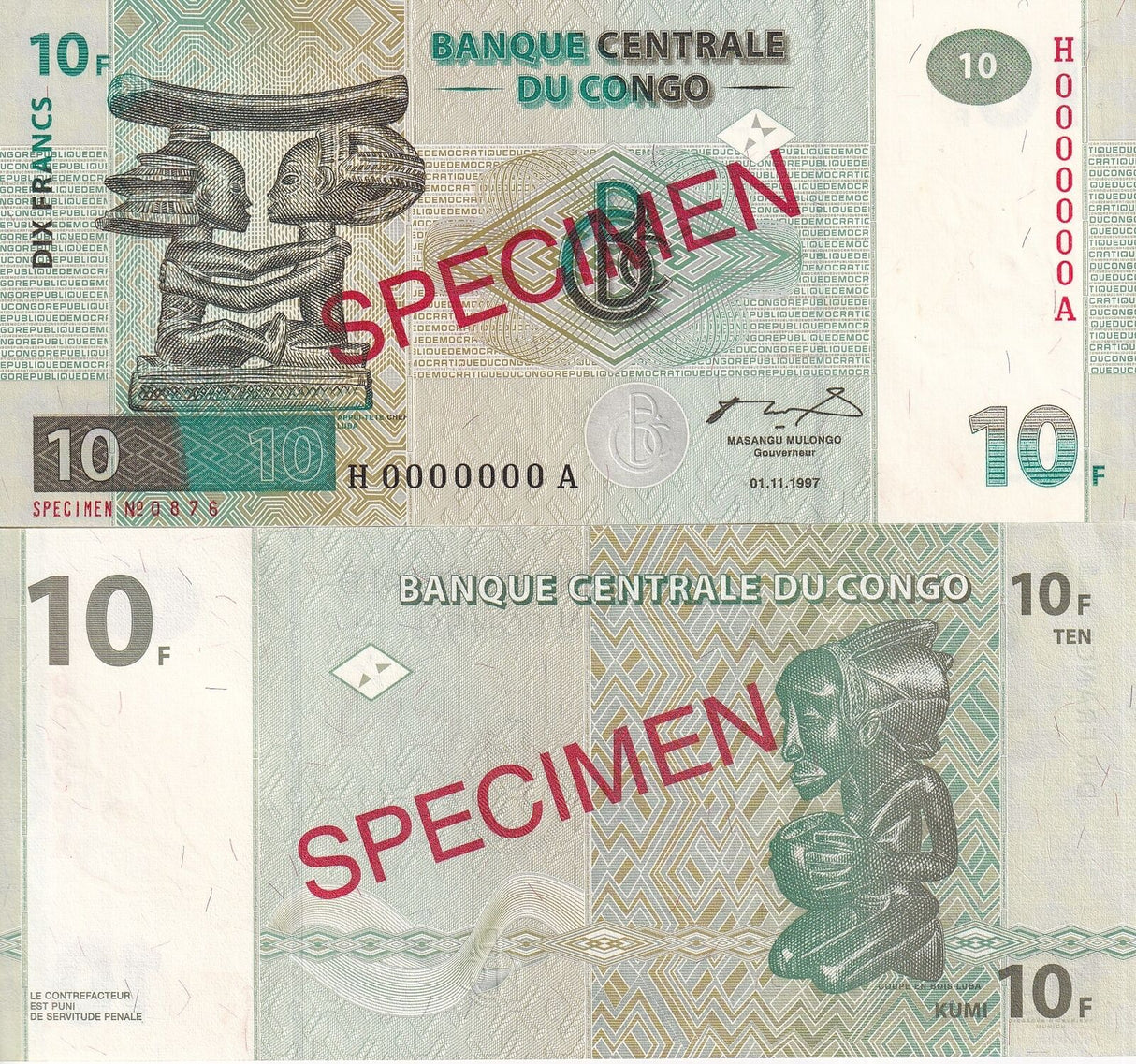 Congo 10 Francs 1997 P 87B Specimen UNC