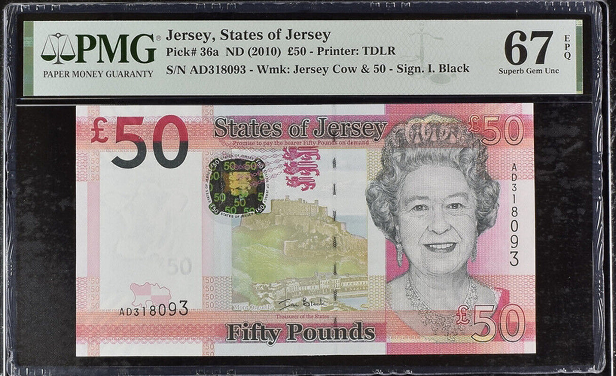 Jersey 50 Pounds ND 2010 QE II P 36 a Sign I. Black Superb Gem UNC PMG 67 EPQ