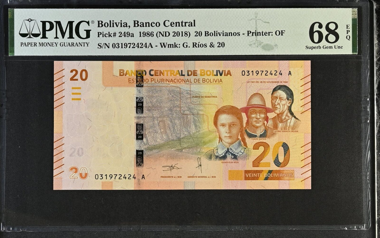 Bolivia 20 Bolivianos 1986 ND 2018 P 249 a Superb Gem UNC PMG 68 EPQ